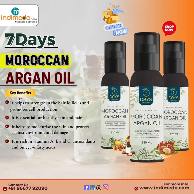 7Days Moroccan Argan Oil 7Days Moroccan Argan Oil Argan oil is traditionally known as ‘liquid gold’ because it is enriched with vitamins A, E and C, antioxidants and omega-6 fatty acids that are essential for healthy skin and hair. Moroccan argan oil helps to strengthen the hair follicles and promotes cell production and healthy hair growth.
