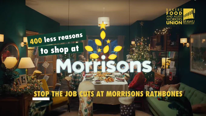 400 less reasons to shop at Morrisons. BFAWU logo. Stop the job cuts at Morrisons Rathbones