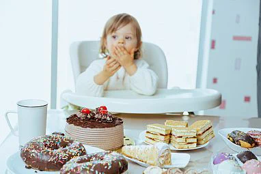 A child sitting in a high chair at a table filled with various desserts including doughnuts, cake, and pastries.