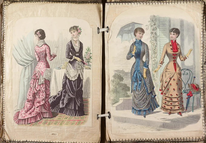 Cuttings taken from English and French publications, being colourful illustrations of ladies in typical trends of upper-class fashion between 1810 and 1921.