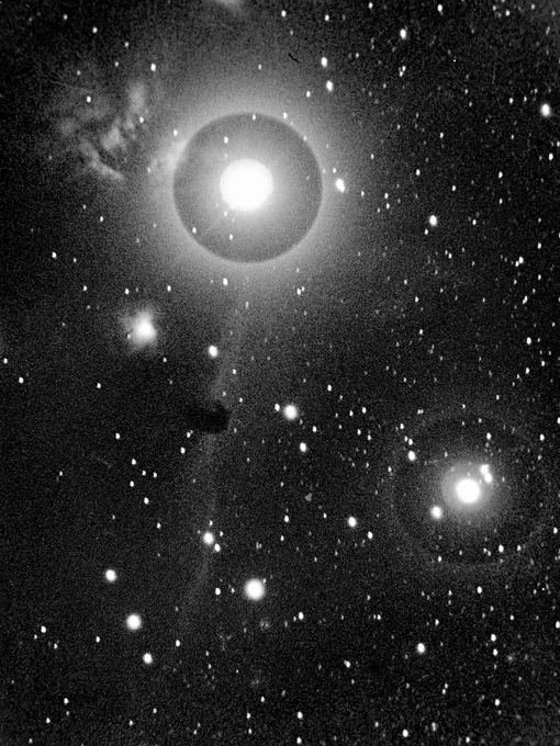A detail image of the horsehead nebula in black and white with bright white stars around it.