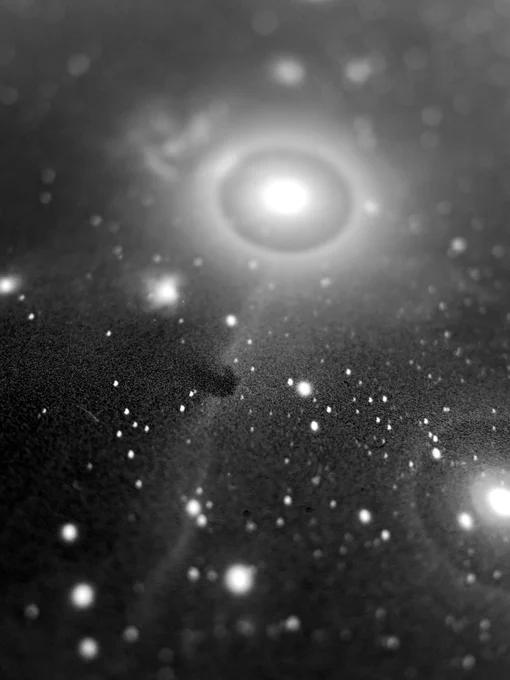 Positive black and white image of the horsehead nebula in shadow with bright which stars around it.
