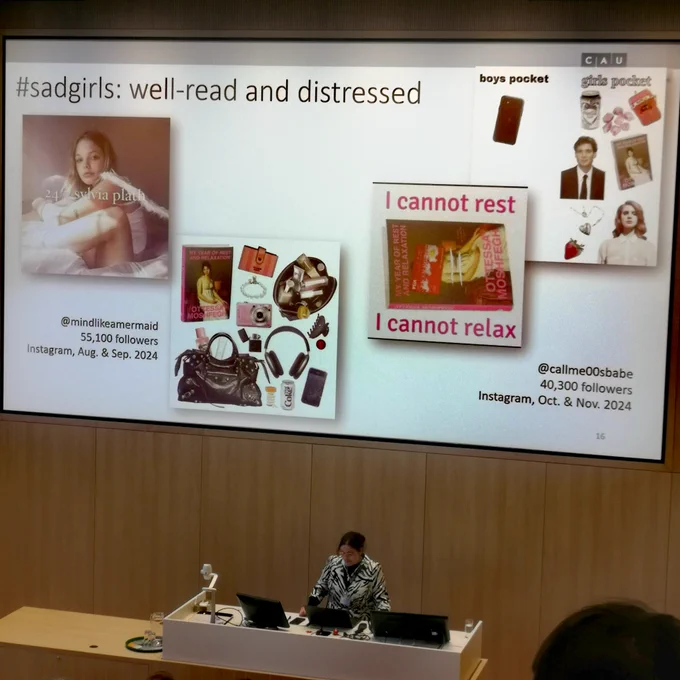 Dilâra Yilmaz in front of her presentation showing #sadgirl memes