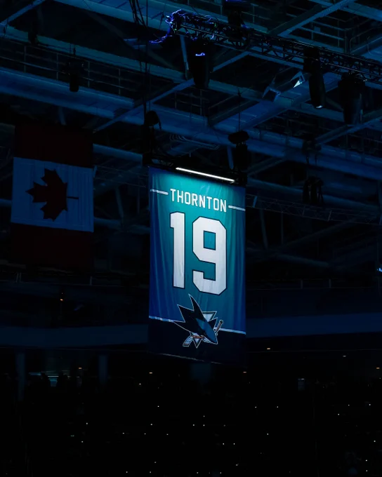 Joe Thornton's No. 19 banner in the SAP Center rafters. 