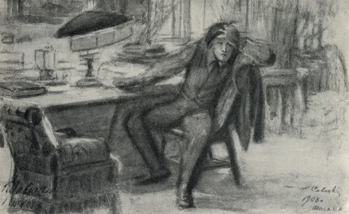 Illustration by G.K. Savitsky of Anton Chekhov's "The Black Monk," showing our overworked and nervous protagonist at his writing desk.