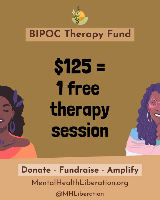 Golden brown background with illustrations of a Black woman/femme wearing a purple feather in their wavy black hair and dressed in coral and orange, and a Black woman/femme with curly purple hair wearing pink glasses, with a Trans Pride flag wrapped around them. Text: $125 = 1 free therapy session
Donate, Fundraise, Amplify