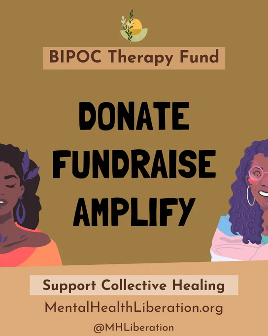 Golden brown background with illustrations of a Black woman/femme wearing a purple feather in their wavy black hair and dressed in coral and orange, and a Black woman/femme with curly purple hair wearing pink glasses, with a Trans Pride flag wrapped around them. text: Donate, Fundraise, Amplify
Support Collective Healing