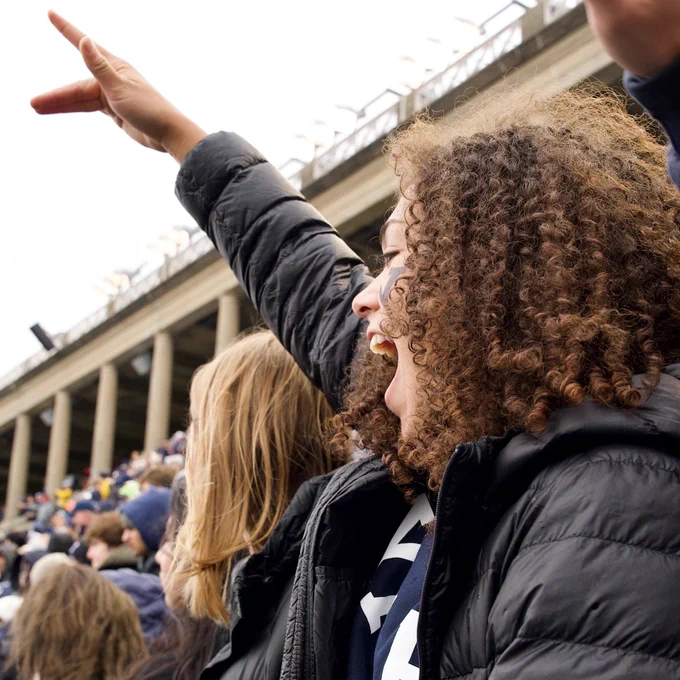 Person excitedly cheering in the stands at a sports event, surrounded by other spectators.