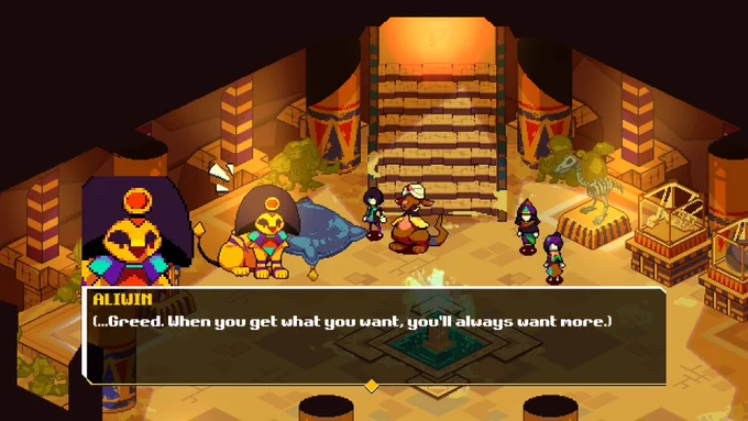 Screenshot of Anuchard during a dialogue scene between the player's character and a sphinx. The Sphinx is named Aliwin and saying to the player "Greed. When you get what you want, you'll always want more." 