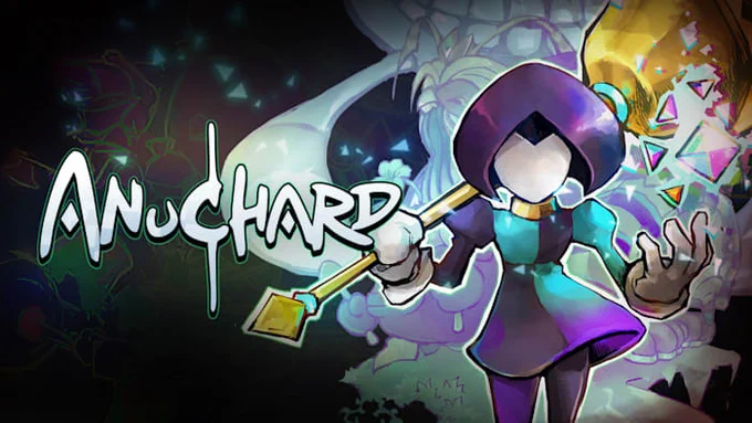 Logo/boxart for Anuchard by NullGames. It features the game's protagonist to the right of the title of the game. 