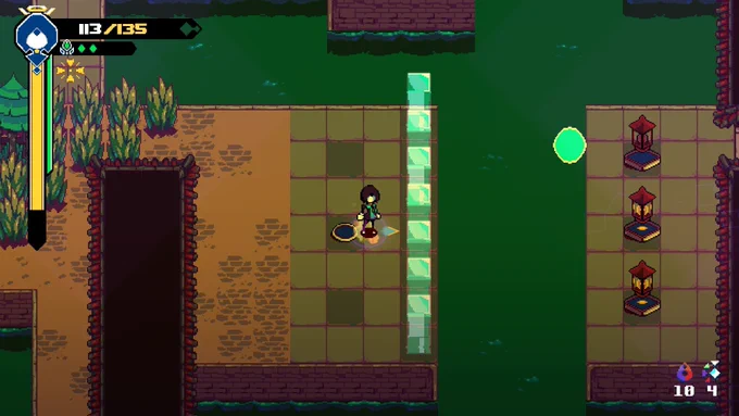 A screenshot from Anuchard where the player is to the left of a green barrier and needing to solve a puzzle with green orbs and lantern. 