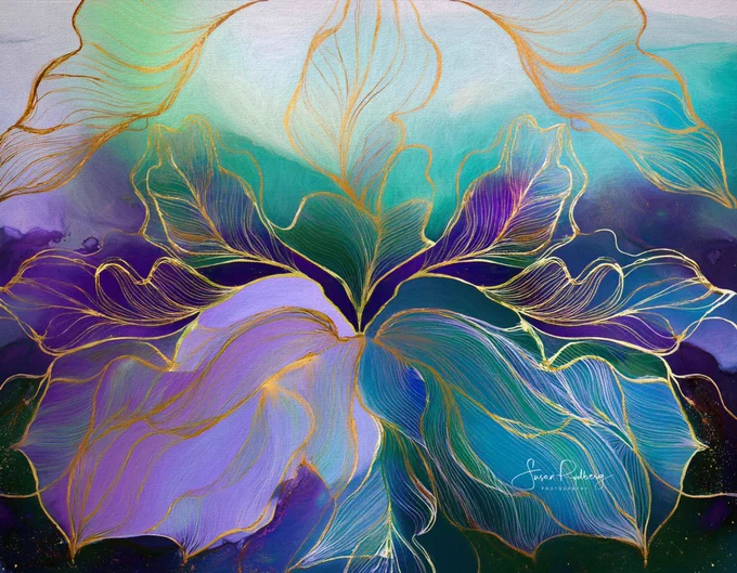 Created from my photograph, this oil painting with delicate swirling lines and golden highlights form intricate leaf patterns, evokes a sense of nature's quiet beauty. The rich, vibrant hues of purple, green, and blue blend seamlessly in the background, suggesting a lush garden alive with color. The flowing design creates a sense of movement and tranquility, offering a visual journey through a whimsical, abstract landscape.

© Susan Rydberg