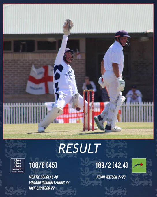 England - 188/8 (45) - Montie Douglas 40, Edward Gordon Lennox 37, Nick Gaywood 22

Australia 189/2 (42.4) - Kevin Watson 2/23