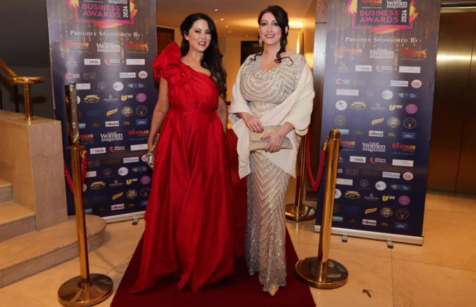 Image of 2 people: Deputy First Minister Emma Little-Pengelly and Kim Kelly, editor of Local Women Magazine, at the Business Awards.