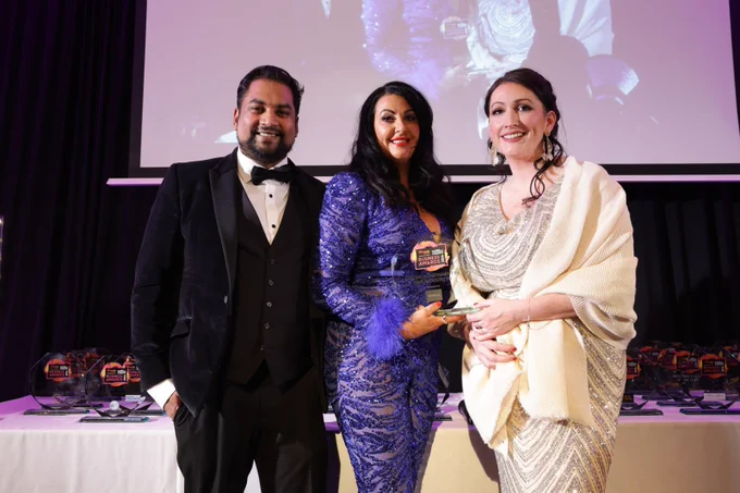 Image of 3 people: Deputy First Minister Emma Little-Pengelly, with lifetime achievement award winner Bridgeen Keen and  Dr Arun from Dr A Aesthetics, at the Local Women Magazine Business Awards.