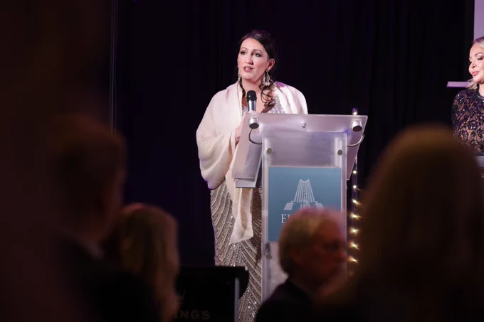 Image of one person: Deputy First Minister Emma Little-Pengelly speaking at the Local Women Magazine Business Awards.