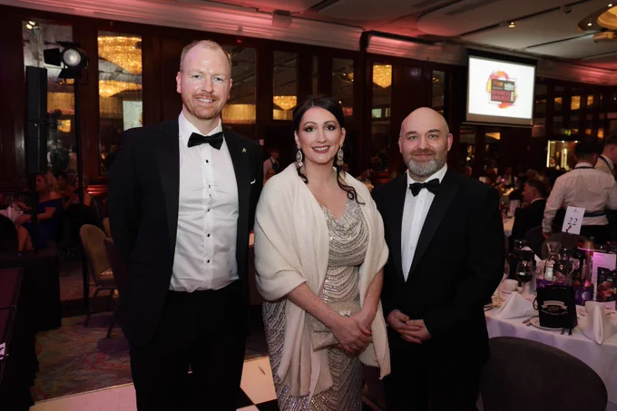 Image of 3 people: Deputy First Minister Emma Little-Pengelly with Dr Declan Morgan, CEO Duality Healthcare, and John McEvoy, Executive Chairman, Duality Healthcare, at the Local Women Magazine Business Awards.