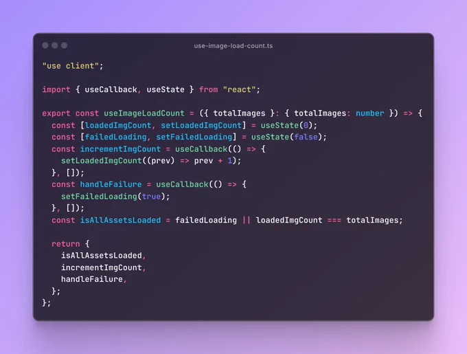 "use client";

import { useCallback, useState } from "react";

export const useImageLoadCount = ({ totalImages }: { totalImages: number }) => {
  const [loadedImgCount, setLoadedImgCount] = useState(0);
  const [failedLoading, setFailedLoading] = useState(false);
  const incrementImgCount = useCallback(() => {
    setLoadedImgCount((prev) => prev   1);
  }, []);
  const handleFailure = useCallback(() => {
    setFailedLoading(true);
  }, []);
  const isAllAssetsLoaded = failedLoading || loadedImgCount === totalImages;

  return {
    isAllAssetsLoaded,
    incrementImgCount,
    handleFailure,
  };
};