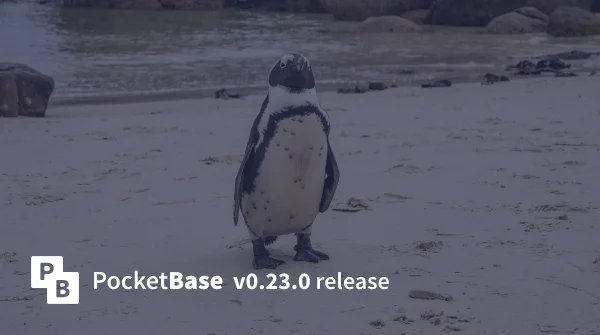 PocketBase v0.23.0 release banner with penguin in the background.