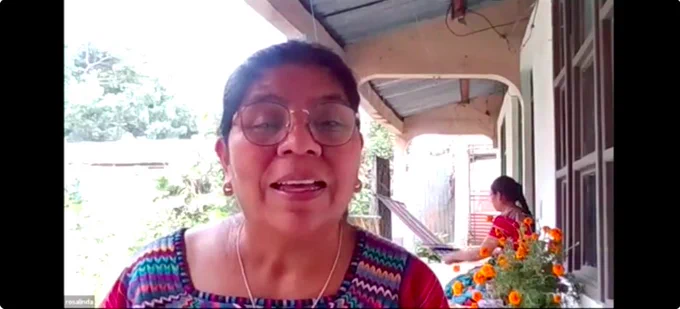 Screenshot from a recording of a talk event with Rosalinda Tay showing Rosalinda's speaking face with her daughter weaving in the background. 