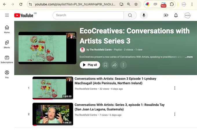 Screenshot of a playlist of Youtube channel of The Rockfield Centre. It reads: EcoCreatives: Conversations with Artists Series 3