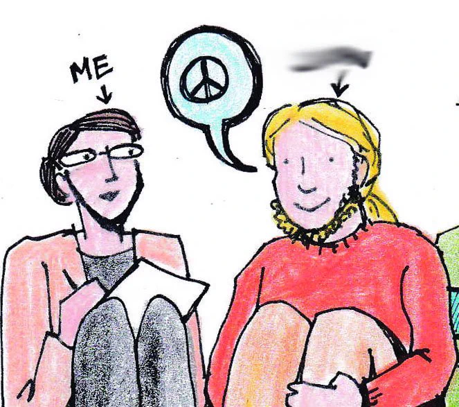 Drawing of me (white woman, brown hair, glasses, notebook) and my brother (white man, blond hair in a ponytail, scruffy beard, orange sweater, thinking about peace.) This post is full of comics that don't lend themselves well to alt text, but hopefully the typed copy provides some context.