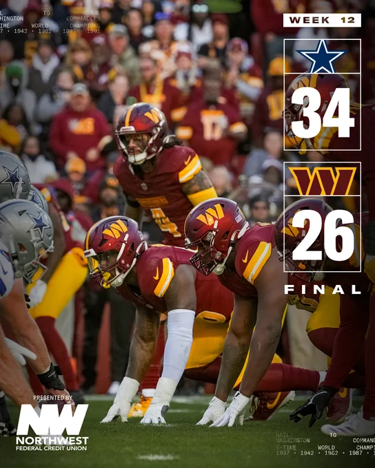 Final score graphic: Cowboys 34, Commanders 26.