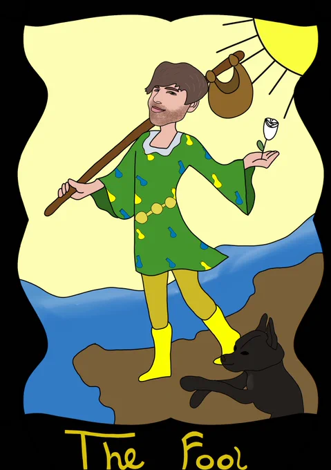 An original rendition of "The Fool" tarot card, Will Green's likeness as well as his dog Cokie