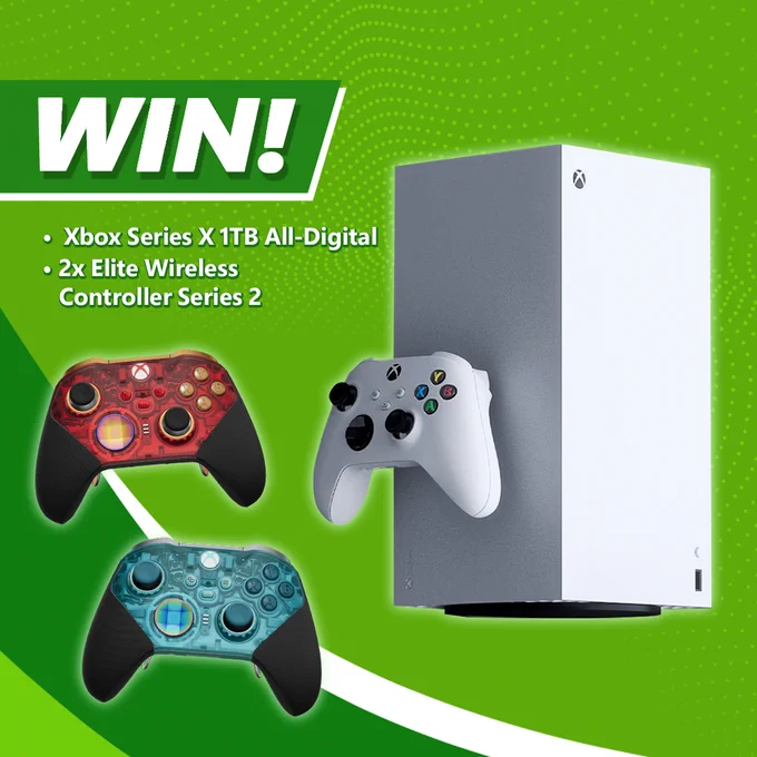 Xbox Series X 1TB Robot White All-Digital Console and two Cipher Series Elite controllers against a green backround. White text on left reads, 

"WIN!
- Xbox Series X 1TB All-Digital
- 2x Elite Wireless Controller Series 2" 