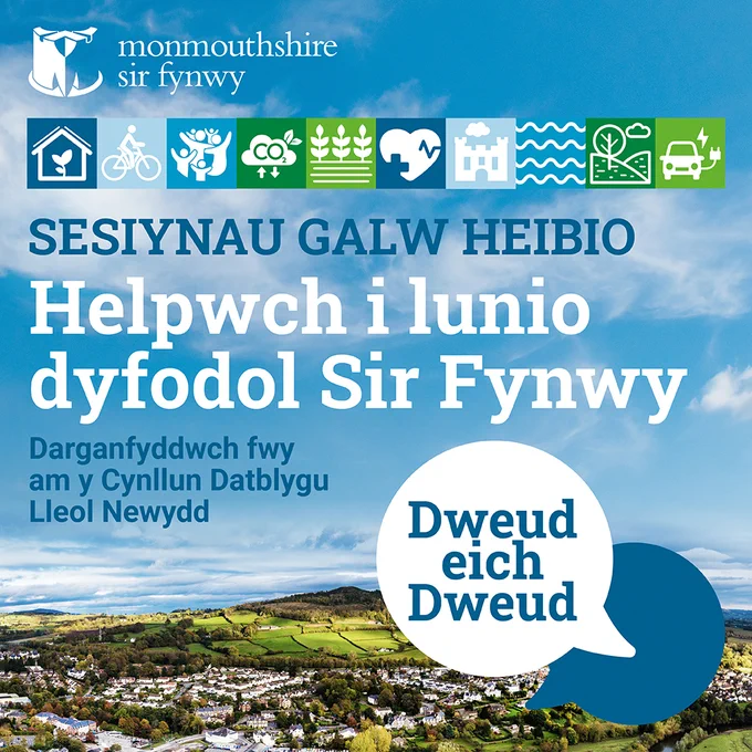Photo of a mountain scene with text overlayed. Text reads : Sesiynau Galw Heibio.  Helpwch i lunio dyfodol Sir Fynwy. Darganfyddwch fwy am y cynllun datblygu lieol newydd.  Then a speech bubble that reads : Dwend eich Dwend.