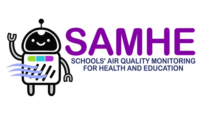 SAMHE logo: a waving air monitor robot with the text "SAMHE" and "Schools' Air quality Monitoring for Health and Education