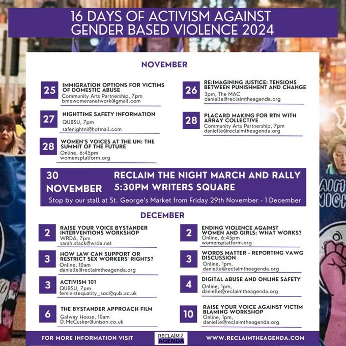 16 days of activism against gender based violence 2024. The full programme is available on www.reclaimtheagenda.com 