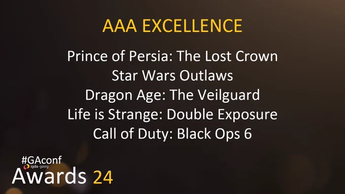 GAconf Awards 24. AAA Excellence: Prince of Persia: The Lost Crown, Star Wars Outlaws, Dragon Age:The Veilguard, Life Is Strange: Double Exposure, Call of Duty: Black Ops 6