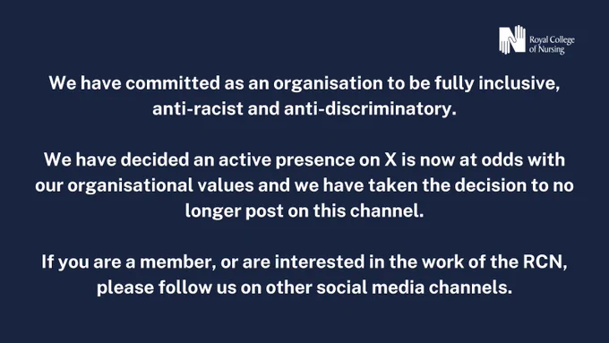 We have committed as an organisation to be fully inclusive, anti-racist and anti-discriminatory.

We have decided an active presence on X is now at odds with our organisational values and we have taken the decision to no longer post on this channel.

If you are a member or are interested in the work of the RCN, please follow us on other social media channels.