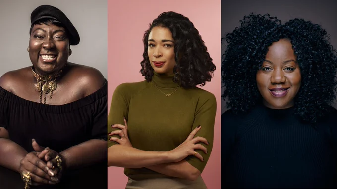 
 	
Lady Phyll (left) wearing a black off-shoulder top and gold accessories, smiling warmly; Ellen E Jones (middle) in a green turtleneck and gold "Ellen" necklace, standing confidently against a pink background; and Tolu Stedford (right) with curly hair, wearing a black sweater, smiling against a dark backdrop.