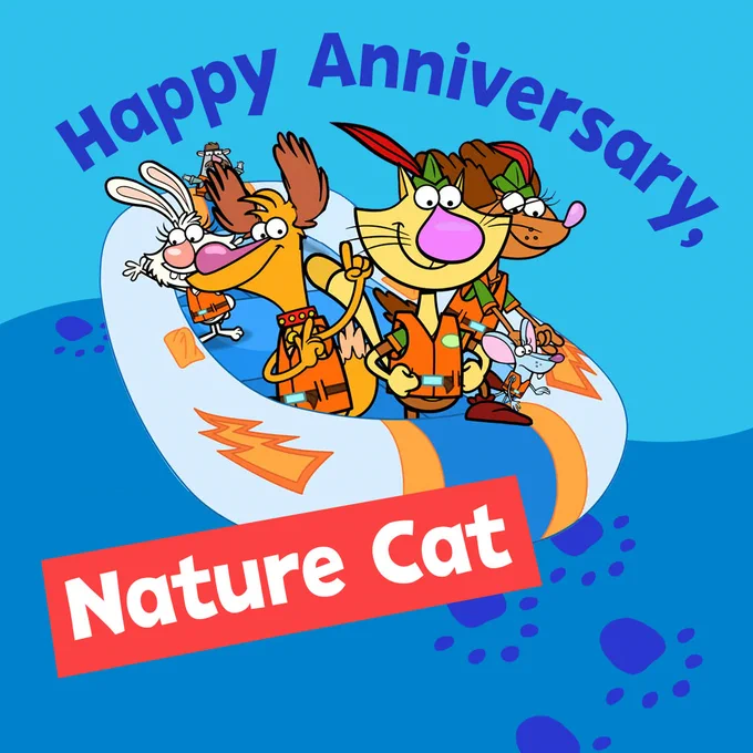 Happy Anniversary greeting featuring animated characters from Nature Cat, with the characters joyfully riding a wave on a surfboard, set against a blue background.