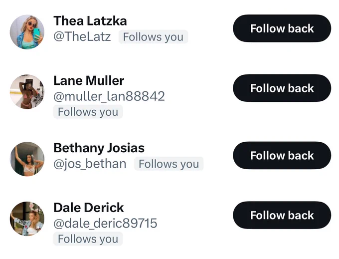 Screenshot of the Twitter/X profiles of 4 successive, scantily clad followers of our junior parkrun account