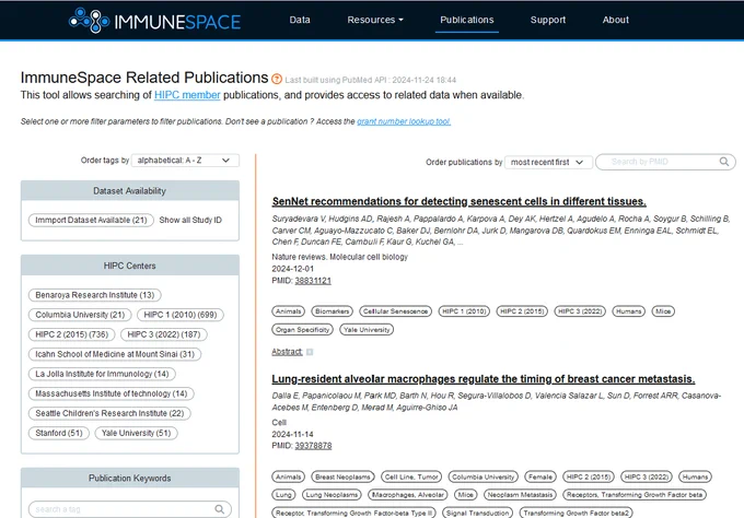 Screen shot of publications page from Human Immunology project Consortium, an NIAID-funded collaboration to discover new insights about human immunity. https://immunespace.org 