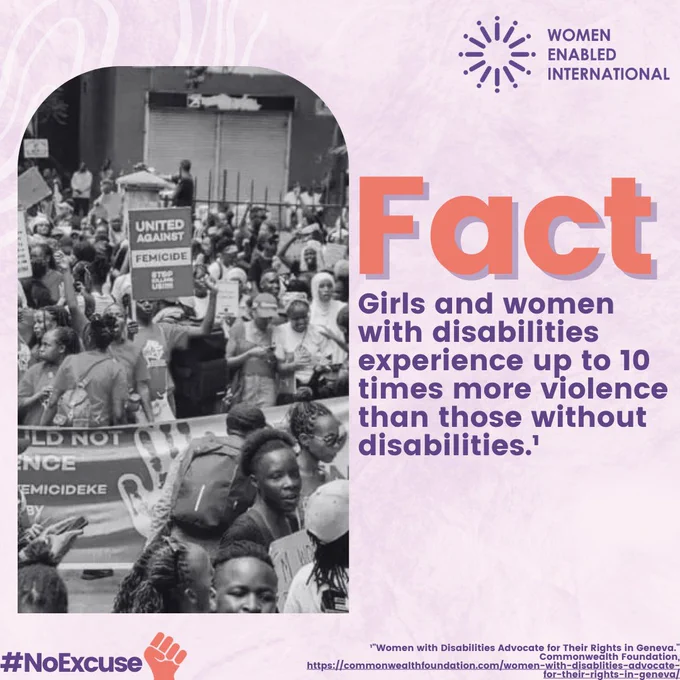 Against a purple background, there is an arch shaped image in back and white of women protesting against femicide. To the right is the text: "Fact. Girls and women with disabilities experience up to 10 times more violence than those without disabilties"