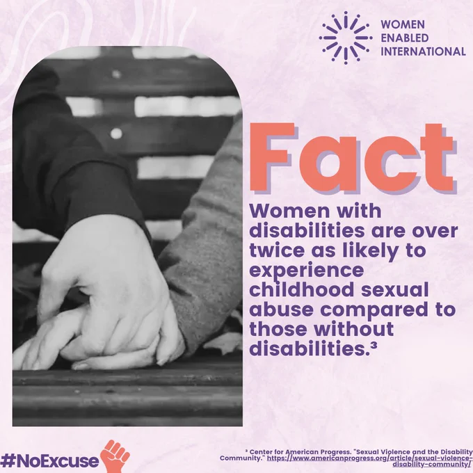 ID: The image to the left is of two people holding hands in black and white. The text reads: "Fact. Women with disabilities are over twice as likely to experience childhood sexual abuse compared to those without disabilities".
