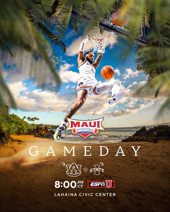 A graphic of Johni Broome dunking on a beach in Maui

Auburn plays Iowa State at 8PM CT on ESPNU