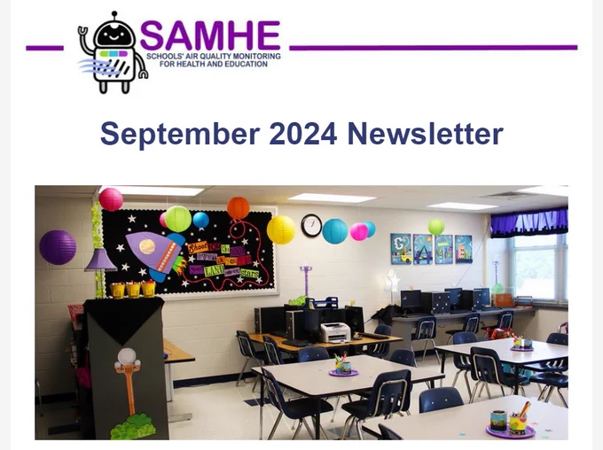 Top of September newsletter with SAMHE logo and a photo of a tidy classroom with square desks surrounded by chairs, brightly coloured displays on the walls and hanging from the ceiling and windows visible in one wall.