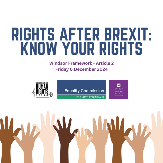 Event poster for "Rights After Brexit: Know Your Rights," December 6, 2024, featuring diverse raised hands.

