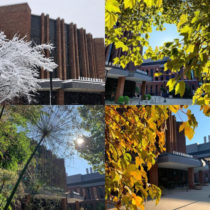Four photos of Eisenhower Auditorium as seen during winter, spring, summer, and fall