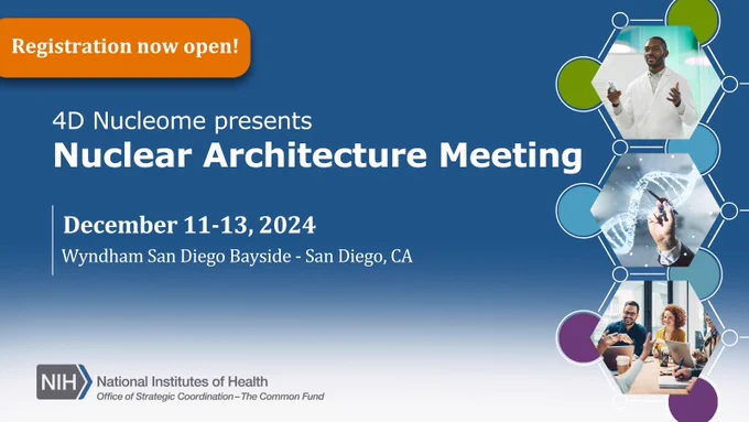 Card with text reads: 4D Nucleome presents Nuclear Architecture Meeting December 11-13, 2024, Wyndham San Diego Bayside - San Diego, CA. Registration now open! The NIH Office of Strategic Coordination logo is below.