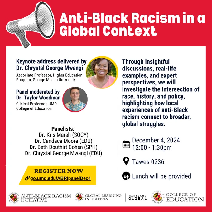 Headshots of the keynote speaker Dr. Chrystal George Mwangi and the moderator, Dr. Taylor Woodman on a flyer for the Anti-Black Racism in a Global Context panel