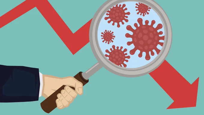 An illustration of a downward trending red line and a person holding magnifying glass showing infection particles.