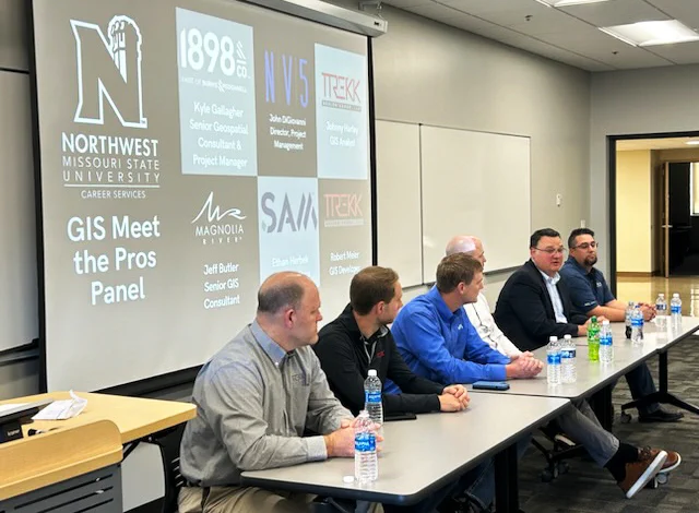 TREKK's Robert Meier (far left) and Johnny Harley at the GIS Meet the Pros event at Northwest Missouri State University in Maryville, MO.