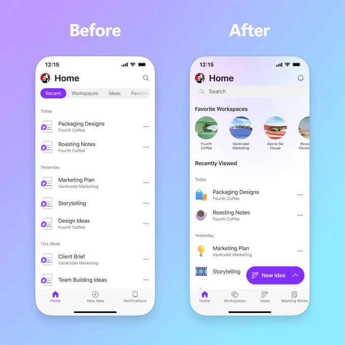 An image featuring two iOS devices showing UI differences. On the left there is the "before" the redesign and on the right is the "after" the redesign of the Loop homepage on mobile.
