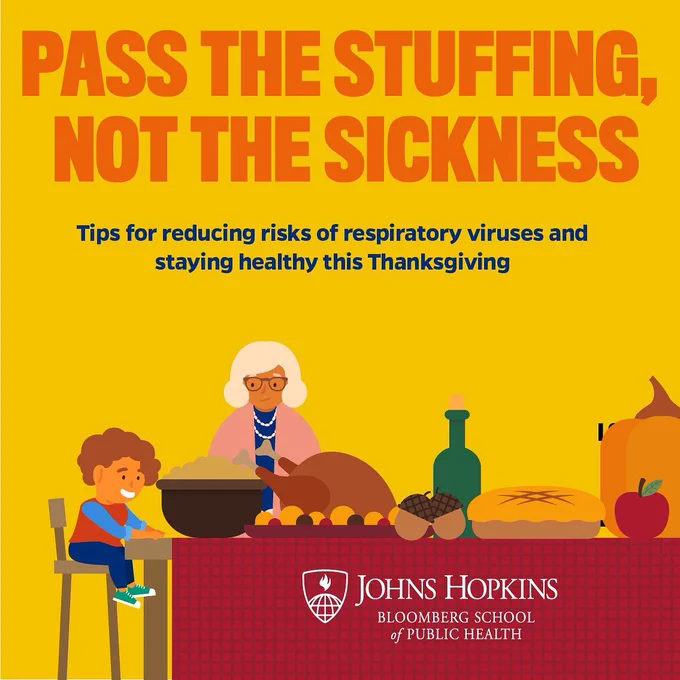 Illustration of family at Thanksgiving dinner table. Headline: Pass the stuffing, not the sickness.